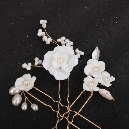 Miniatura 4 de Teyglen 3 horquillas para el pelo de boda, horquillas de flores para novia, flores y hojas, pinzas para el cabello de perlas para novia, accesorios