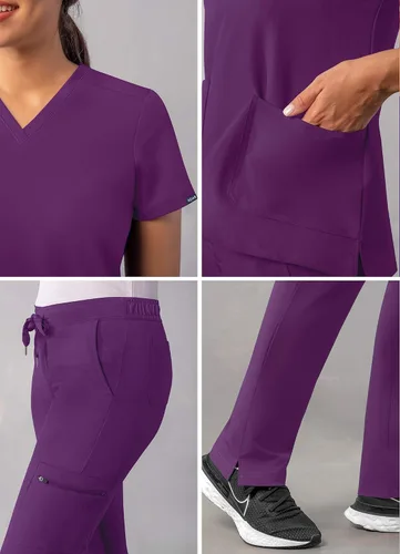 Miniatura 4 de Adar - Uniforme tipo filipina, con camisa de cuello en V y pantalones con bolsillos tipo cargo, para mujer