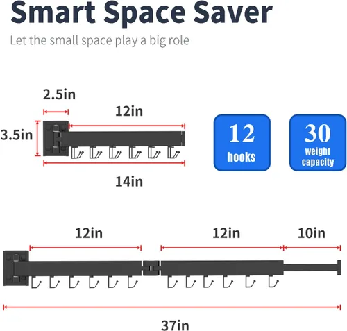 Miniatura 2 de ptlsy Estante de secado de ropa plegable portátil montado en la pared con ganchos, diseño de perchas de ropa que ahorran espacio universal
