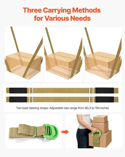 Miniatura 6 de VEVOR - Correas de mudanza, sistema de elevación para 2 personas con 2 correas de arnés, 2 de carga y 1 manual, correas ajustables para elevar