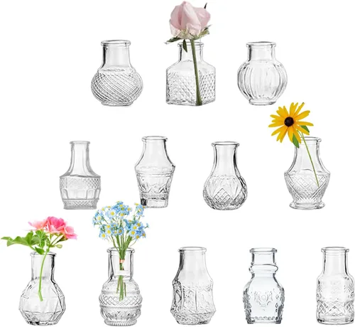 Miniatura 16 de Juego de 12 jarrones de cristal con brocha, jarrones de cristal para centros de mesa lindos, mini jarrón transparente a granel para decoraciones