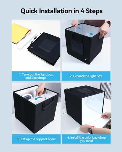 Miniatura 7 de Takerers Caja de Luz de Estudio Fotográfico de 12"x12"x12" con Cabina de Fotografía con 120 LEDs, 3000-5700K Ajustable, 6 Fondos de Colores, Carpas