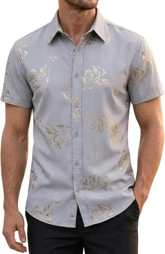 Miniatura 18 de ZEROYAA - Camisas de vestir de manga corta con estampado de rosa dorada para hombre, estilo hipster, calce ajustado, con botones