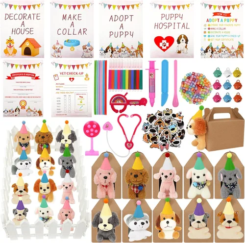 Conjunto de Favores de Fiesta para Adoptar un Perro - 12 piezas de cachorros de peluche con sombreros de fiesta incluye casa de papel, cerca,