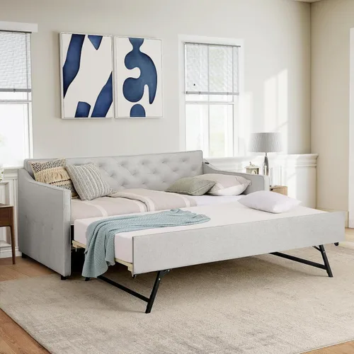 Miniatura 10 de Antetek Sofá cama con cama nido, tapizado en tela, tamaño twin, sofá cama diurno con punto de tracción, marco de sofá cama con cama nido twin