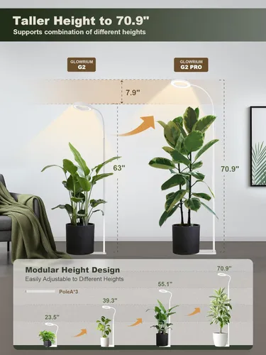 Miniatura 2 de GLOWRIUM Luz LED de cultivo de 24W para plantas de interior, altura ajustable de 23.5-71 pulgadas, espectro completo de 3 modos de crecimiento