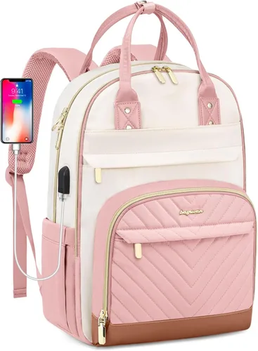 Miniatura 25 de Mochila para laptop para mujer, mochila de viaje de trabajo de 15.6 pulgadas con cargador USB, mochila universitaria impermeable, mochila