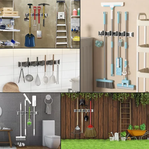 Miniatura 5 de Holikme Soporte para Escobas y Fregonas de Pared, Organizador de Metal para Despensa y Almacenamiento, Organizador de Herramientas de Cocina y Negro