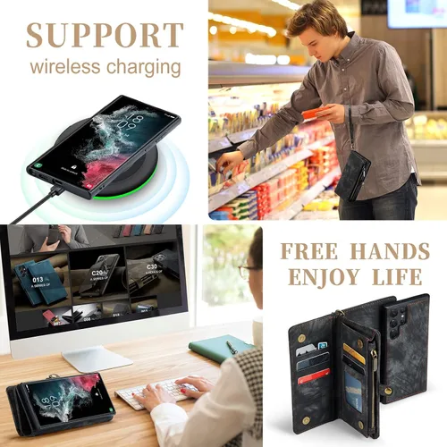 Miniatura 6 de Asuwish Funda de teléfono para Samsung Galaxy S22 Ultra 5G con cremallera, protector de pantalla de vidrio templado y tarjetero abatible, accesorios