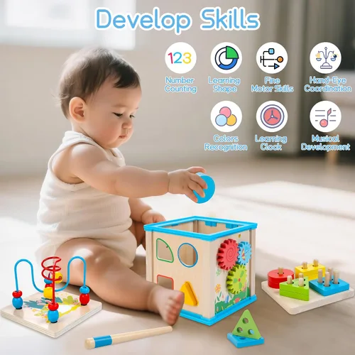 Miniatura 4 de WOODMAM Cubo de Actividades de Madera 7 en 1, Juguetes Montessori para Niños Pequeños de 1 Año, Juguetes Educativos de Desarrollo para Bebés