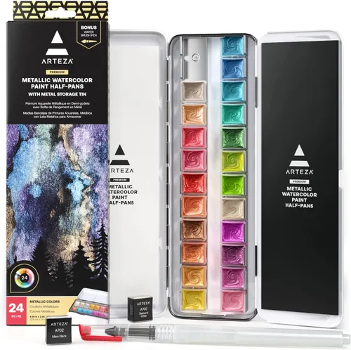 ARTEZA Juego de Pintura de Acuarela Metálica de 24 Colores, Acuarelas Brillantes en Medias Pastillas con Pincel de Agua y Caja de Hojalata, Pinturas