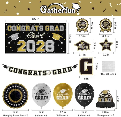 Miniatura 2 de Juego de decoraciones de graduación 2026 con temática negra y dorada, pancarta de felicitaciones, telón de fondo, globos y serpentinas, suministros