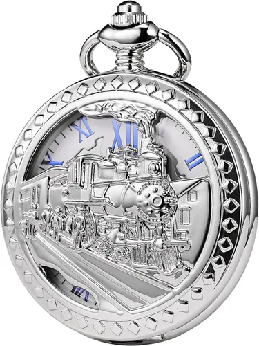 Reloj de bolsillo mecánico antiguo para hombre y mujer, esqueleto plateado, tren de vapor, ferrocarril, números romanos, plateado, Mecánico