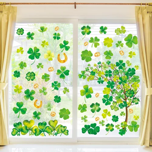 Miniatura 5 de Whaline 6 hojas de adhesivos para ventana del día de San Patricio - Grandes calcomanías de árbol de trébol en acuarela, decoración irlandesa doble