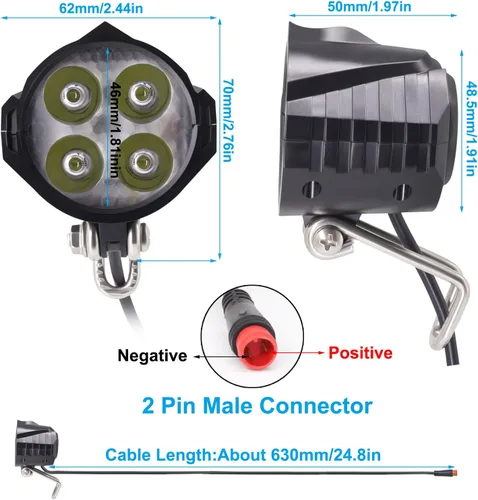 Miniatura 2 de Faro delantero para bicicleta eléctrica de 48 V, 36 V, compatible con 12 V-60 V, conector impermeable de 2 pines