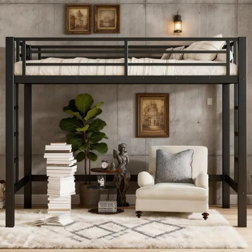 Miniatura 3 de Cama alta individual con escaleras, cama alta de metal individual con tapones antivibraciones y reducción de ruido, cama alta resistente