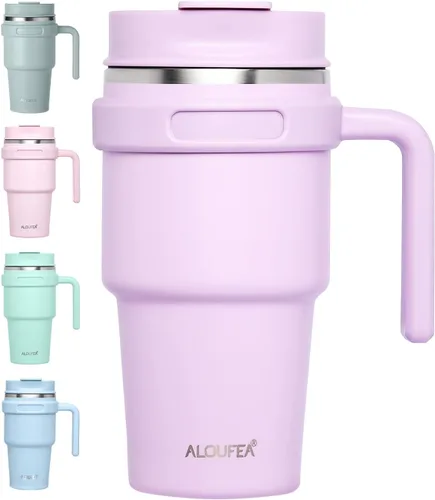 Miniatura 27 de Taza/vaso de café aislado de 20 onzas con asa, vaso de viaje de acero inoxidable con tapa y popote, vaso de doble pared con aislamiento al vacío a
