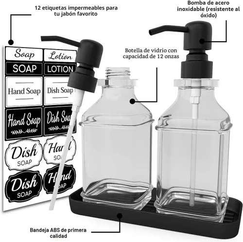 Miniatura 2 de LMQML - Dispensador de jabón - paquete de 2 dispensadores de jabón de manos de vidrio grueso, diseño antiguo, con bandeja resistente; bomba negra