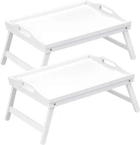 Miniatura 8 de Paquete de 2 bandejas de cama para mesa de desayuno, bandejas de servir, bandeja de bambú para cama portátil con patas plegables, asas y soportes