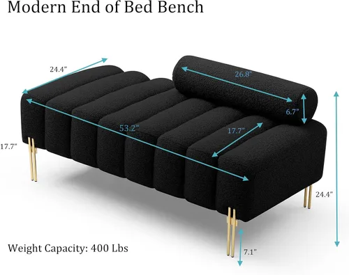 Miniatura 2 de Banco moderno de 53.2 pulgadas, cómodo banco tapizado de tela Sherpa para dormitorio con respaldo redondo ajustable, asiento de banco con patas