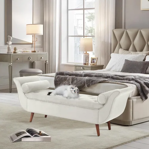 Miniatura 9 de Banco de almacenamiento de terciopelo para dormitorio, banco de extremo de cama con otomana, bancos tapizados con botones capitoné tamaño King
