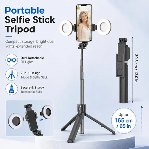 Miniatura 4 de Trípode negro para iPhone con luz, soporte de luz de anillo para iPhone, soporte ajustable para selfie stick con luz de relleno, trípode extensible