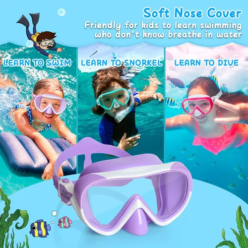 Miniatura 6 de Máscara de natación para niños, máscara de buceo de esnórquel de 180°, gafas de natación antivaho para niños con cubierta para la nariz, gafas