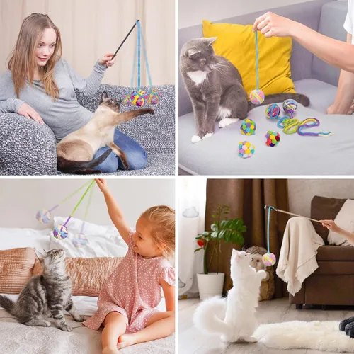 Miniatura 8 de Retro Shaw Pelotas de juguete para gatos, 6 bolas de hilo de lana para gatos con campanas en el interior, juguetes interactivos para gatos