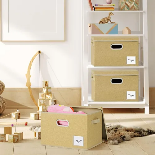 Miniatura 8 de LHZK Contenedores de almacenamiento extra grandes con tapas, cajas de almacenamiento plegables de tela de lino para organización de clósets, 15.75 x