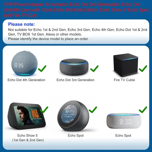 Miniatura 2 de Adaptador de corriente de 15 W compatible con Amazon Echo Dot de 3ª generación Echo Dot (3ª/4ª generación) con reloj Echo Dot Kids Edition Echo Show