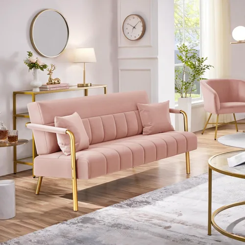 Miniatura 4 de Yaheetech Sofá moderno de 56.5 pulgadas de ancho, sofá pequeño de tela de terciopelo de lujo con brazos y patas de metal dorado para sala de estar