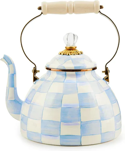 Miniatura 11 de MACKENZIE-CHILDS Tetera esmaltada, elegante tetera para estufa, cuadros cortesanos en blanco y negro, 3 cuartos de galón color fantasía