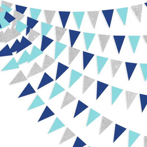 Decoración de fiesta azul marino plateado de 30 pies, banderines triangulares, bandera triangular, guirnalda de papel colgante para cumpleaños, baby