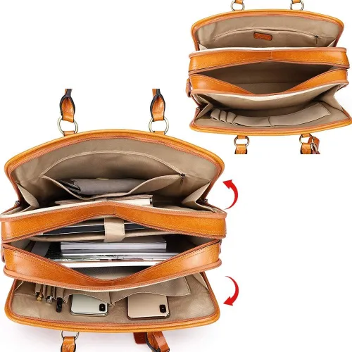 Miniatura 20 de Kattee Maletín de cuero genuino para mujer, bolsa de computadora portátil de gran capacidad con etiqueta de equipaje