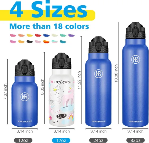 Miniatura 2 de Han's Bottle Botella de Agua para Niños con Tapa de Pajita - Vaso Térmico Reutilizable de Acero Inoxidable Aislado para Niñas, Niños, Taza Térmica