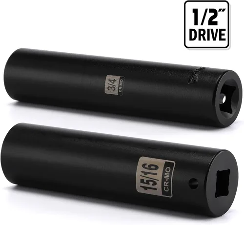 Miniatura 5 de EMENTOL Juego de 2 llaves de vaso de impacto profundo extra largas de 1/2 pulgada, 3/4 pulgadas y 15/16 pulgadas, CR-MO, SAE, 6 puntos de enchufe
