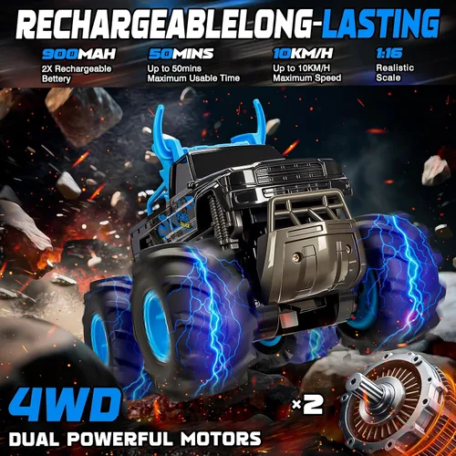 Miniatura 4 de BainGesk Juguetes de camión monstruo a control remoto impermeable, auto RC 1:16, 2.4GHz 4WD juguetes de automóvil todo terreno con 2 baterías Azul