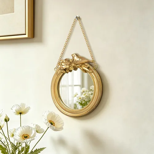 AELS Small Gold Mirror Wall Decor, 5" Round Framed Antique Hanging Mirror Decor with Floral Bird Sculpture Details, Vintage Decorative Mirrored Home