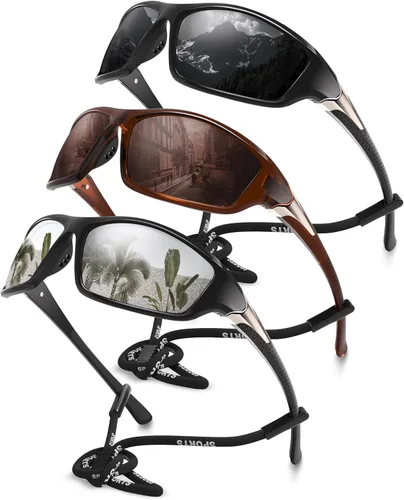 Miniatura 31 de Paquete de 3 lentes de sol deportivos polarizados para hombres, gafas de sol masculinas envolventes con protección UV para ciclismo, pesca