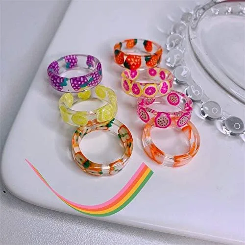 Miniatura 4 de COLORFUL BLING Juego de 6 anillos de resina para frutas Pitaya, fresa, manzana, sandía limón, kiwi, uva de verano, nudillos de acrílico transparente