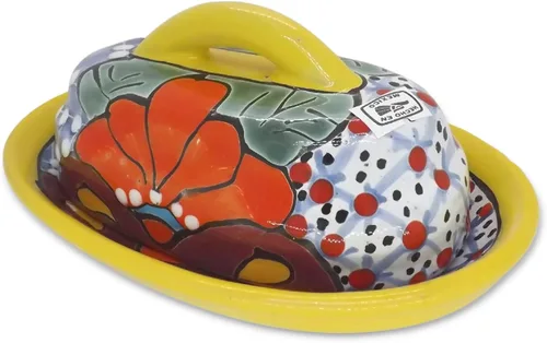 Miniatura 2 de Cuenco para Mantequilla de Cerámica Talavera con Tapa Pintada a Mano, Auténtica Cerámica Mexicana de Cocina con Diseño Floral (Amarillo)