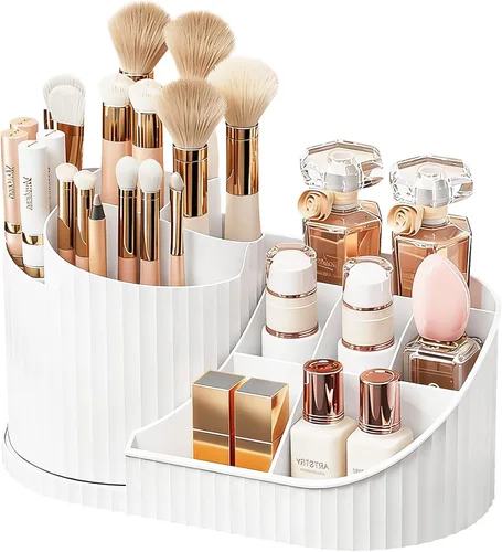 Miniatura 12 de Anyoifax Organizador giratorio de 360 brochas de maquillaje con 5 ranuras para brochas de maquillaje, taza en forma de flor, soporte para bolígrafo