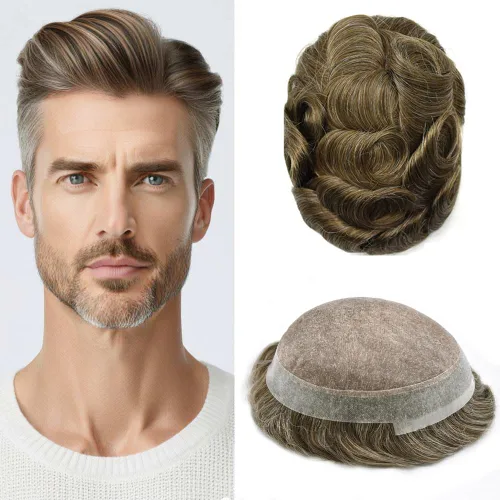 Miniatura 117 de Tupé para hombres, piezas de cabello humano real, sistema de unidades de cabello natural, línea capilar natural, pieza de repuesto para hombres