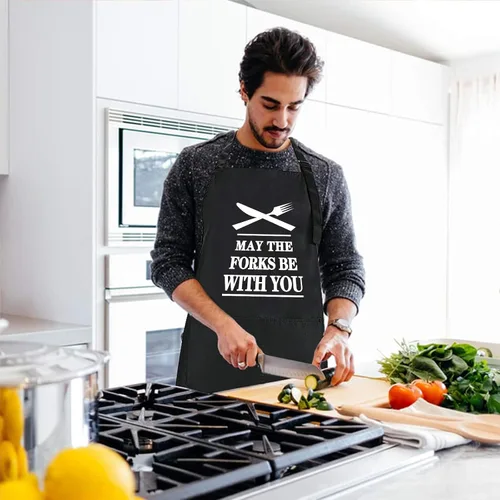 Miniatura 6 de Rosoz Divertidos delantales de chef negros para barbacoa para hombres, con texto en inglés "May the Forks be with You", delantales de cocina Que
