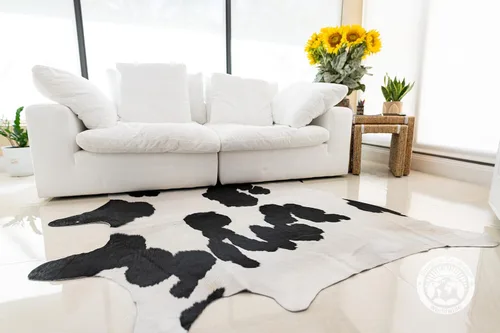 Miniatura 7 de Sunshine Cowhides Alfombra de piel de vaca 100 % auténtica, color blanco y negro, alfombra de estilo moderno de piel de animal y alfombra para sala