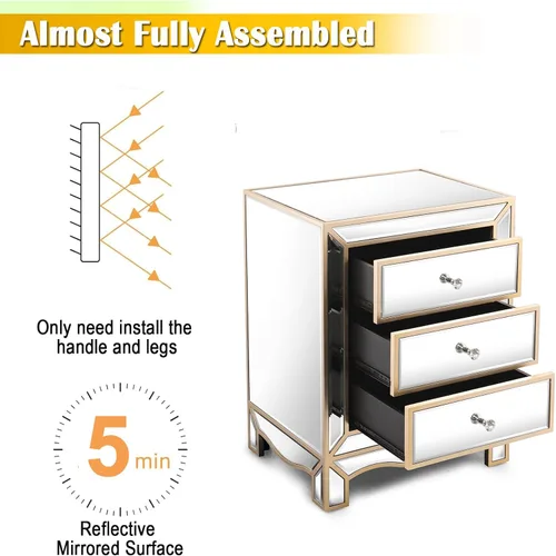 Miniatura 5 de Henf Elegante mesita de noche de espejo con borde dorado plateado con 3 cajones, mesa de acento de espejo con perilla de cristal, mesa auxiliar
