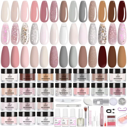 Miniatura 10 de Beetles - Kit de iniciación de uñas en polvo de inmersión, 20 colores, pastel, nude, azul, rosa, purpurina, 36 piezas, juego de polvos de inmersión