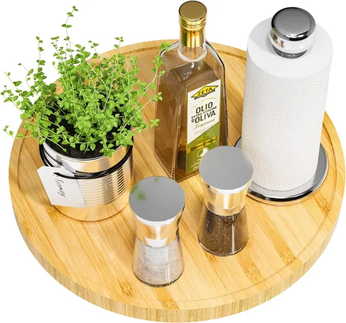 Miniatura 11 de Tocadiscos Lazy Susan para mesa, organizador giratorio antideslizante de 12 pulgadas de bambú para sal, pimienta, especias y aceite de oliva al lado