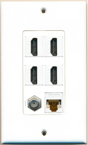 RiteAV - 4 puertos HDMI 1 cable coaxial TV- F-Type 1 Cat6 Ethernet blanco placa de pared decorativa