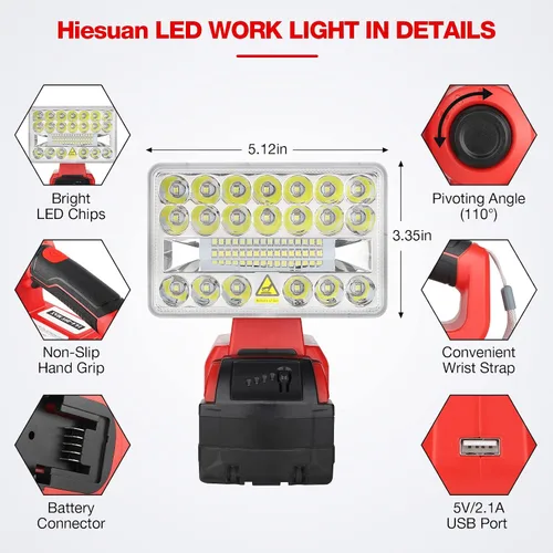 Miniatura 4 de Luz de inundación portátil de 18 W, 2000 lm, compatible con batería Milwaukee de 18 V, linterna con puerto USB-A para trabajo, camping, reparación